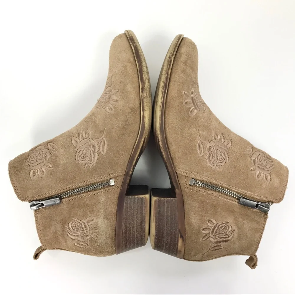 Lucky Brand Rose Embroidered Suede Tan Ankle‎ Boot